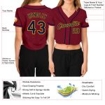 Womens Custom Crimson Navy Gold V-Neck Cropped Baseball Jersey Custom Women's Crimson Navy-Gold V-Neck Cropped Baseball Jersey