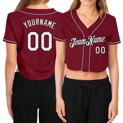 Custom Womens Crimson Black V-Neck Cropped Baseball Jersey Custom Women's Crimson White-Black V-Neck Cropped Baseball Jersey
