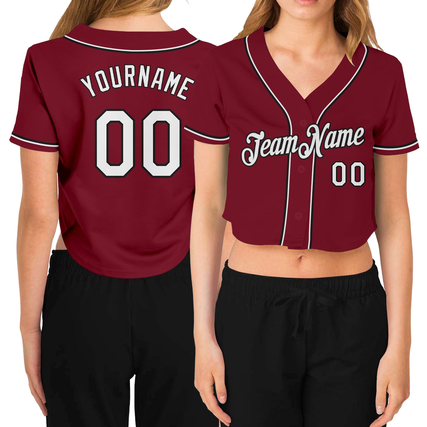 Custom Womens Crimson Black V-Neck Cropped Baseball Jersey Custom Women's Crimson White-Black V-Neck Cropped Baseball Jersey