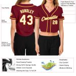 Custom crimson, white and gold women's cropped baseball jersey, detail of the printed panel