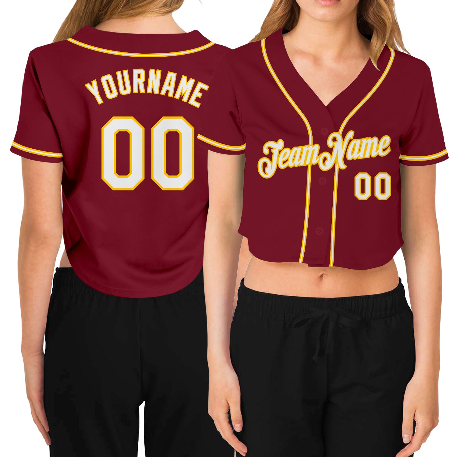 Custom crimson, white and gold women's cropped baseball jersey