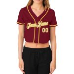 Custom crimson, white and gold women's cropped baseball jersey, back view