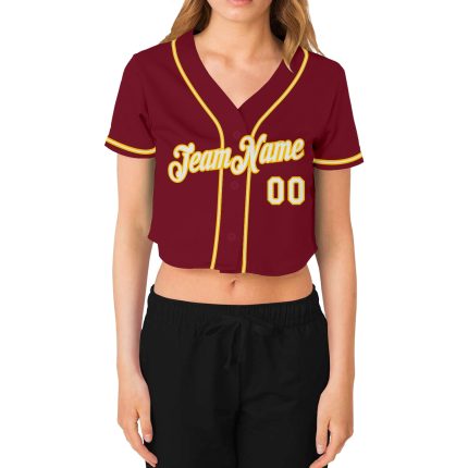 Custom crimson, white and gold women's cropped baseball jersey, back view