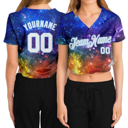 Womens Custom 3D V-Neck Cropped Baseball Jersey in Galactic White and Light Blue Custom Women's Galactic White-Light Blue