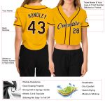 Custom Womens V-Neck Cropped Baseball Jersey - Gold Brown White Design Custom Women's Gold Brown-White V-Neck Cropped Baseball