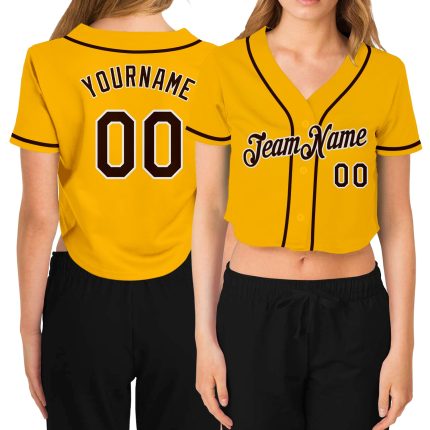 Custom Womens V-Neck Cropped Baseball Jersey - Gold Brown White Design Custom Women's Gold Brown-White V-Neck Cropped Baseball