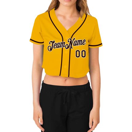 Custom Womens V-Neck Cropped Baseball Jersey - Gold Brown White Design Custom Women's Gold Brown-White V-Neck Cropped Baseball