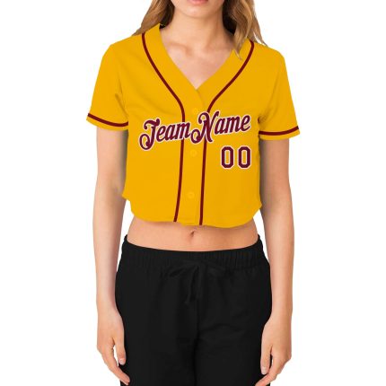 Custom Womens Gold Crimson White V-Neck Cropped Baseball Jersey Custom Women's Gold Crimson-White V-Neck Cropped Baseball