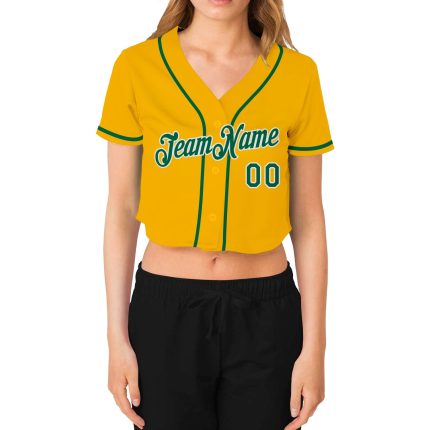 Custom Womens Gold Green White V-Neck Cropped Baseball Jersey Custom Women's Gold Kelly Green-White V-Neck Cropped Baseball