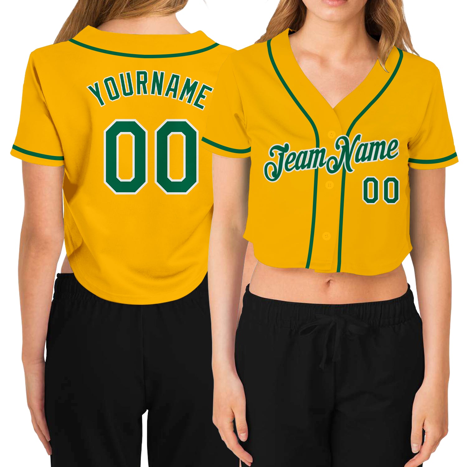 Custom Womens Gold Green White V-Neck Cropped Baseball Jersey Custom Women's Gold Kelly Green-White V-Neck Cropped Baseball