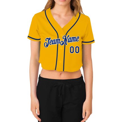 Custom gold and white women's cropped baseball jersey, back view