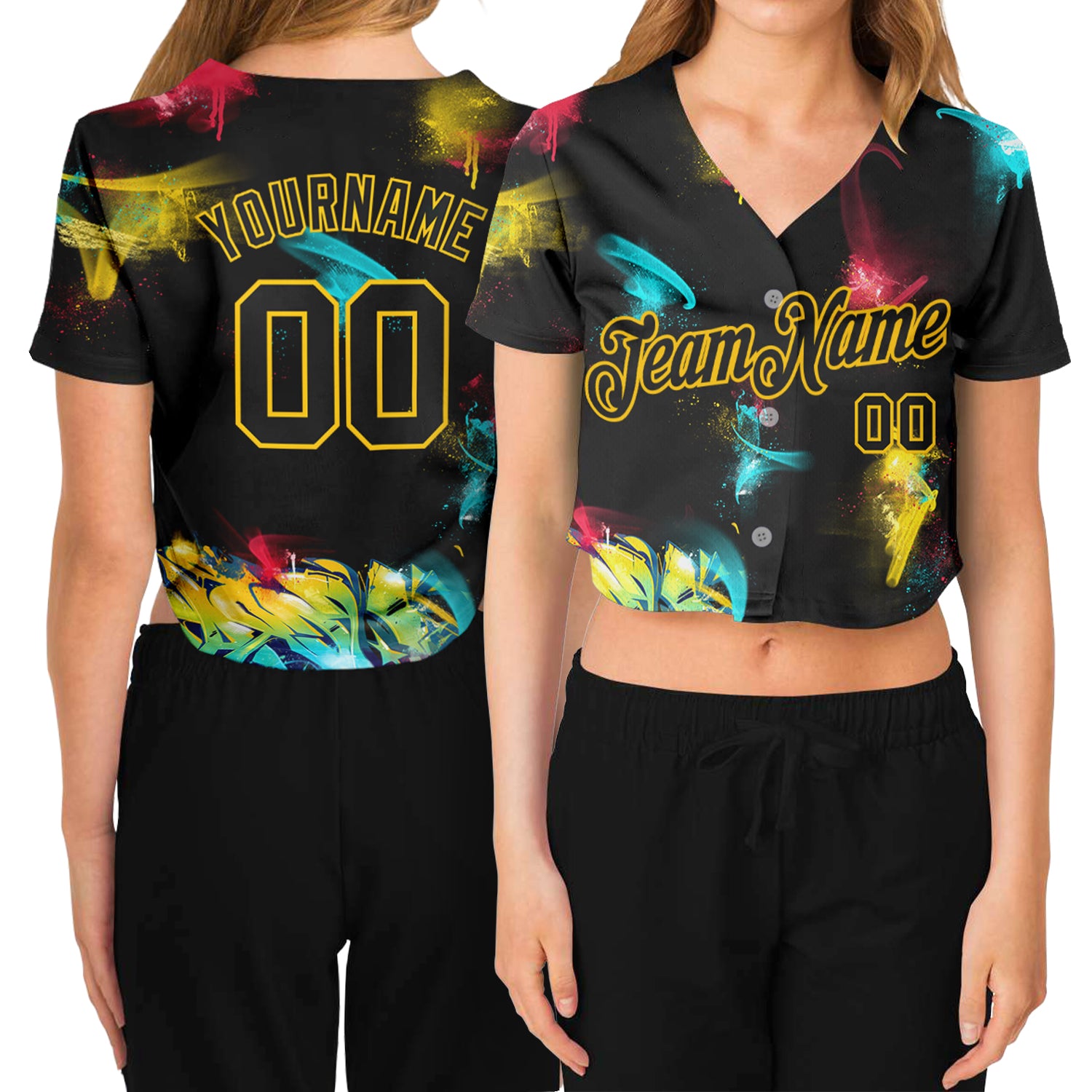 Custom Womens Black Gold 3D V-Neck Cropped Baseball Jersey with Graffiti Pattern Custom Women's Graffiti Pattern Black-Gold