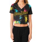 Custom Womens Black Gold 3D V-Neck Cropped Baseball Jersey with Graffiti Pattern Custom Women's Graffiti Pattern Black-Gold
