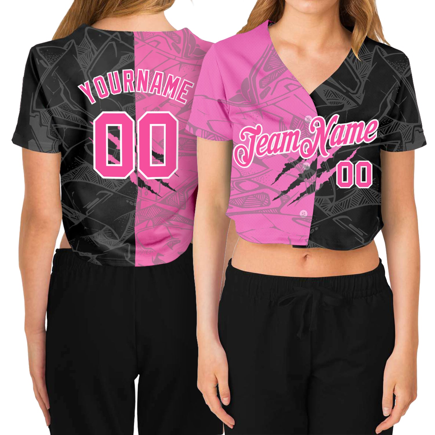Custom Pink White Graffiti Pattern 3D Womens Cropped V-Neck Baseball Jersey Custom Women's Graffiti Pattern Pink-White Scratch