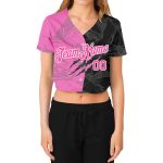 Custom Pink White Graffiti Pattern 3D Womens Cropped V-Neck Baseball Jersey Custom Women's Graffiti Pattern Pink-White Scratch