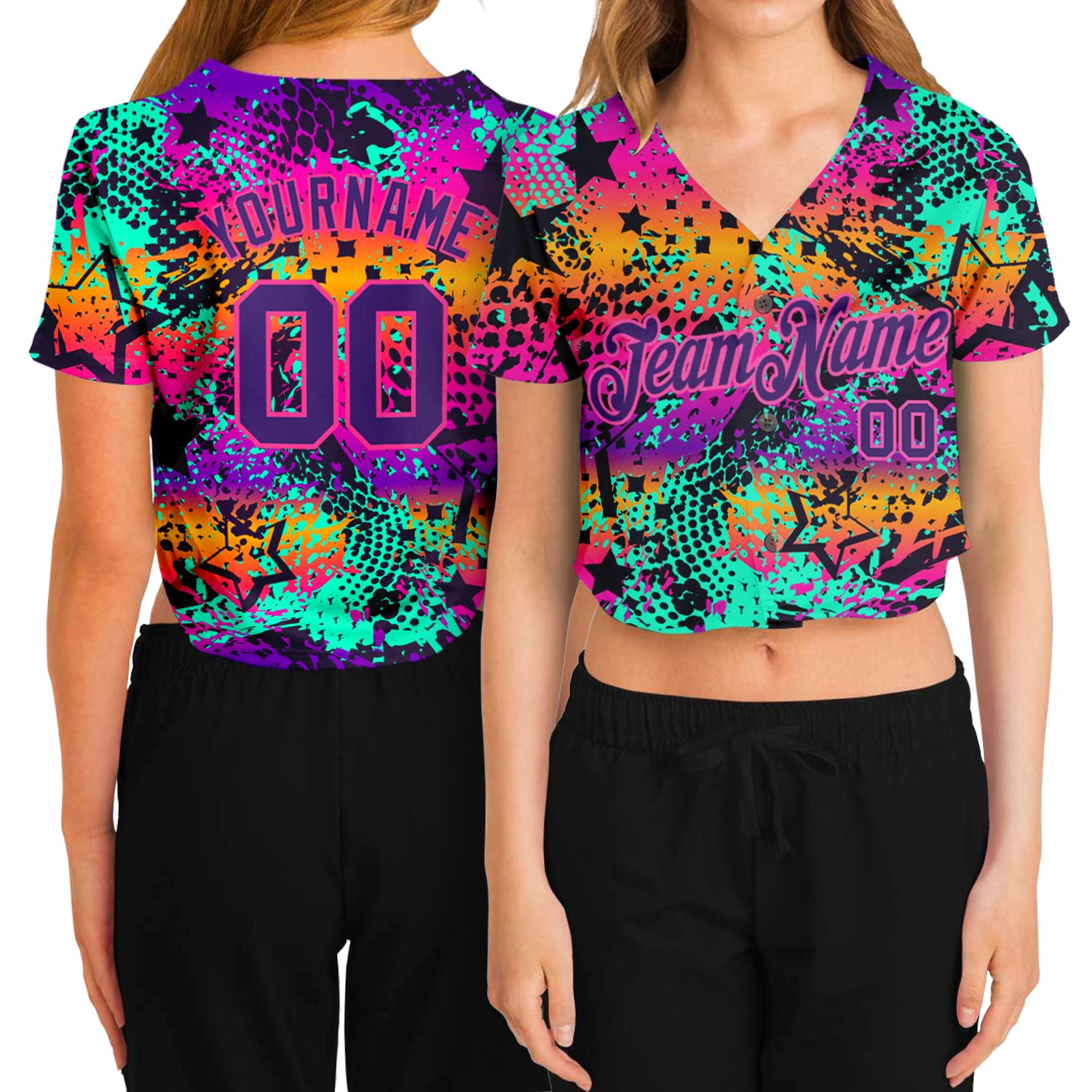 Custom Graffiti Pattern Neon Purple-Pink Womens 3D V-Neck Cropped Baseball Jersey Custom Women's Graffiti Pattern Purple-Pink