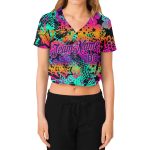 Custom Graffiti Pattern Neon Purple-Pink Womens 3D V-Neck Cropped Baseball Jersey Custom Women's Graffiti Pattern Purple-Pink