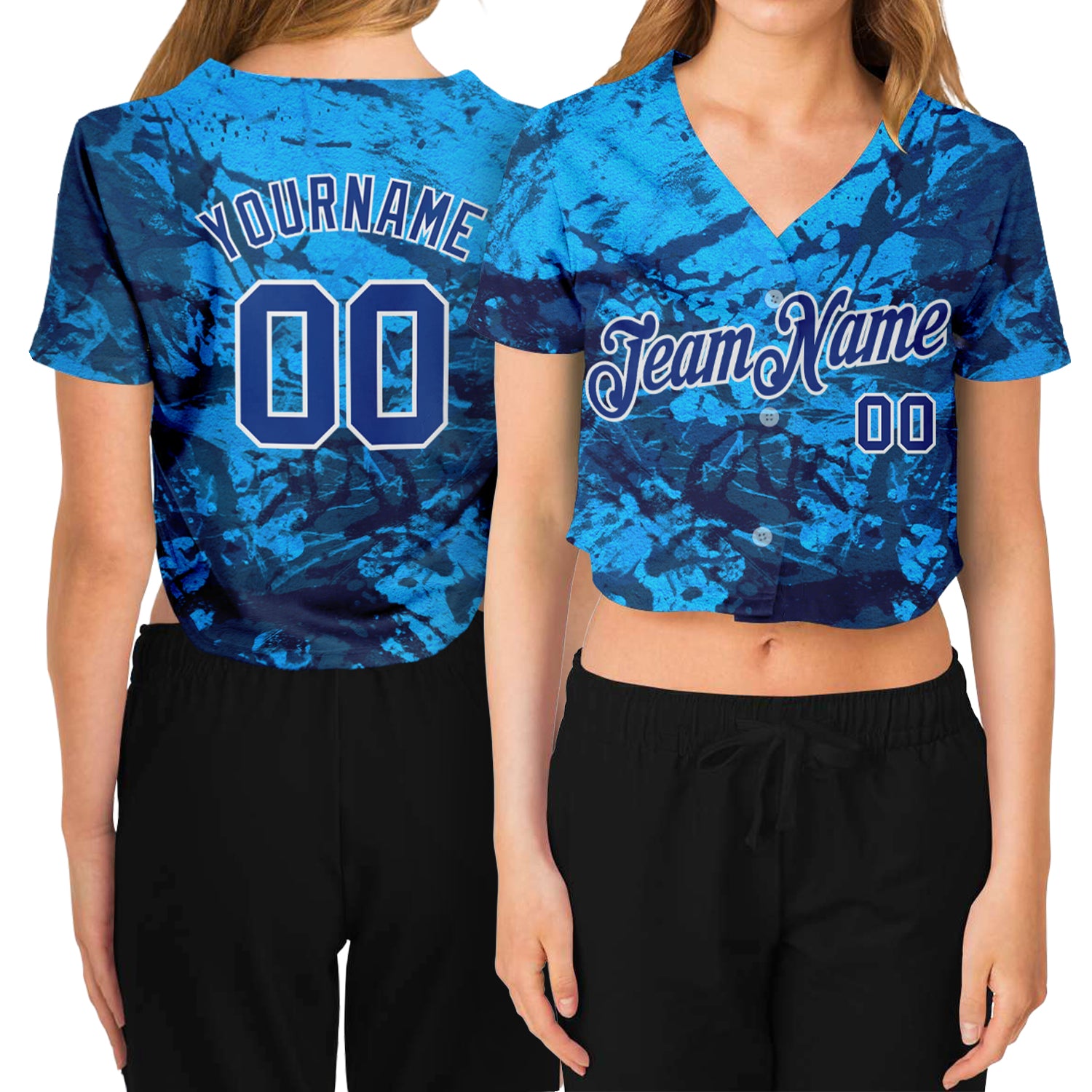 Custom Womens Abstract Graffiti 3D Ink Design V-Neck Cropped Baseball Jersey - Handmade Royal White Art Custom Women's Graffiti