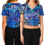 Custom Womens Graffiti Abstract Urban Street Art 3D V-Neck Cropped Baseball Jersey - Royal-White Design Custom Women's Graffiti