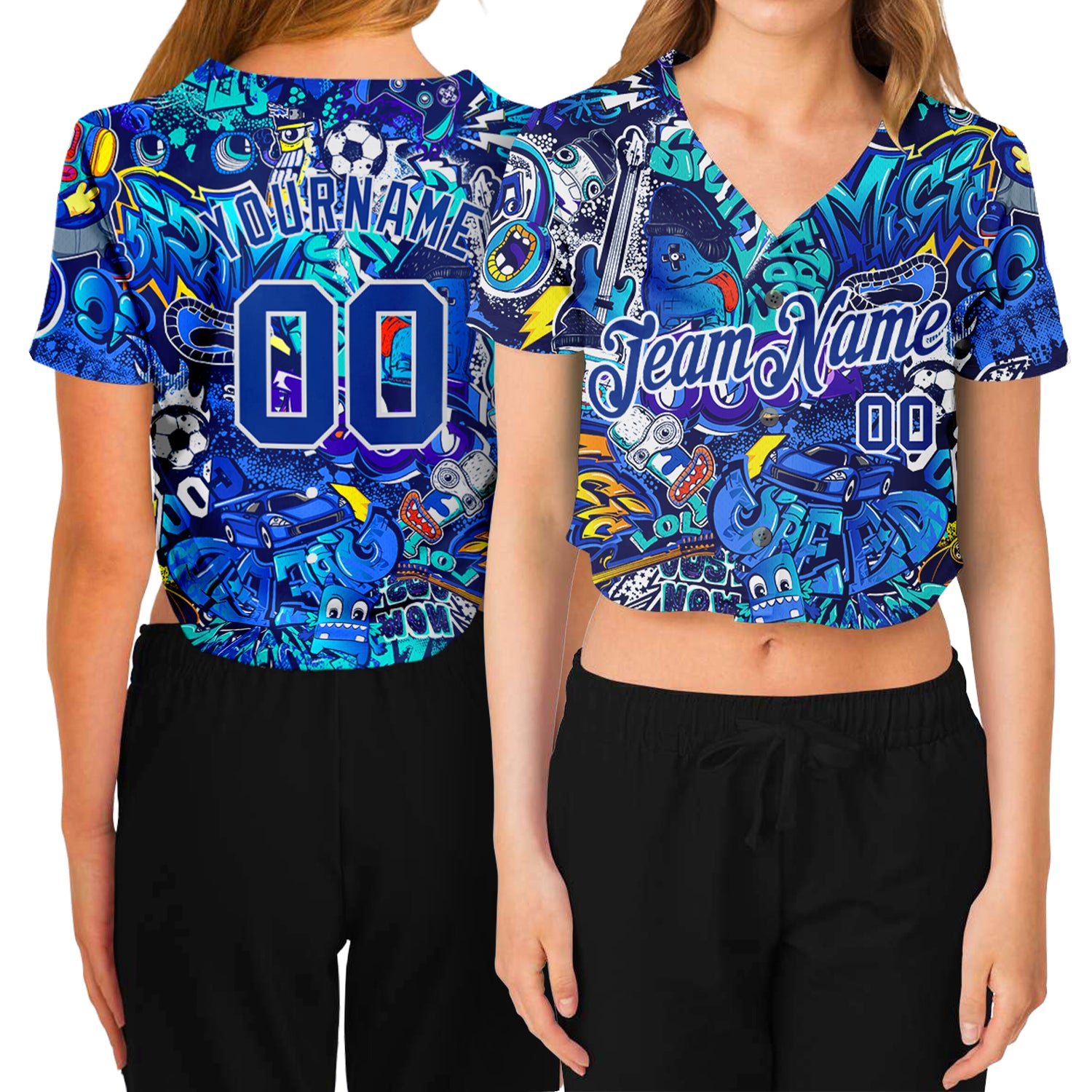 Custom Women's Graffiti Pattern Royal-White Abstract Urban Street Art 3D V-Neck Cropped Baseball Jersey Custom Womens Graffiti Abstract Urban Street Art 3D V-Neck Cropped Baseball Jersey - Royal-White Design Custom Women's Graffiti