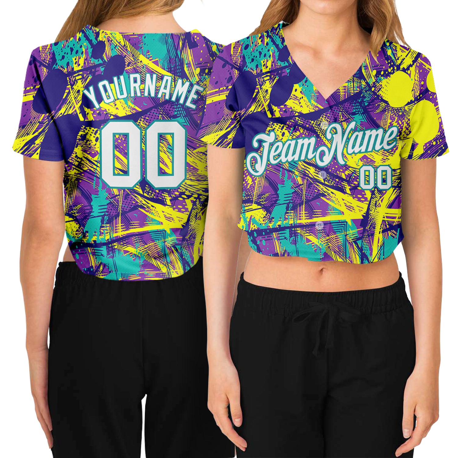 Custom Graffiti Pattern Womens 3D V-Neck Cropped Baseball Jersey - White Aqua Urban Style Custom Women's Graffiti Pattern