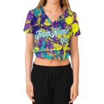 Custom Graffiti Pattern Womens 3D V-Neck Cropped Baseball Jersey - White Aqua Urban Style Custom Women's Graffiti Pattern