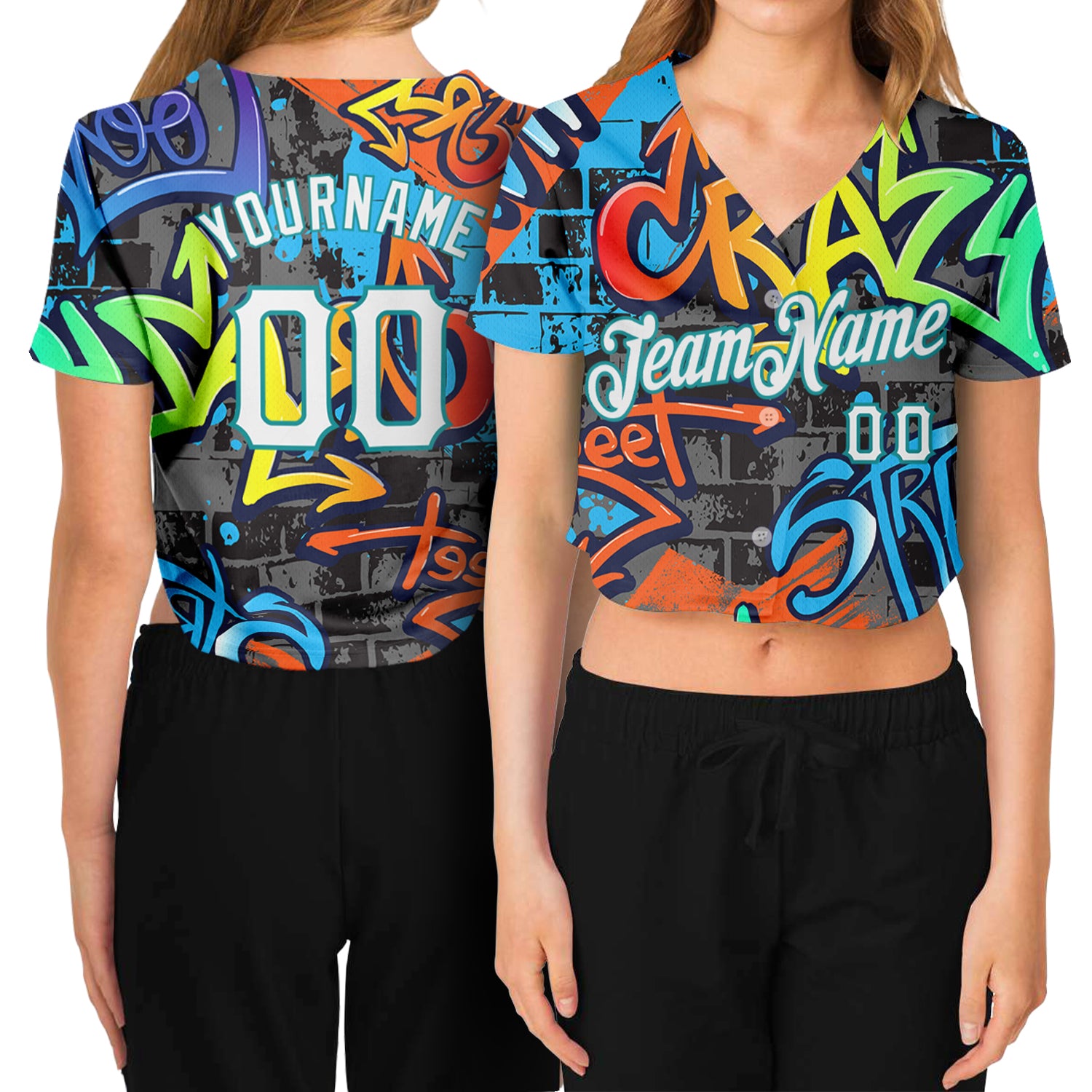 Custom Womens Graffiti 3D Geometric V-Neck Cropped Baseball Jersey in White-Aqua Custom Women's Graffiti Pattern White-Aqua