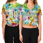 Womens Graffiti Pattern 3D V-Neck Cropped Baseball Jersey White-Kelly Green Custom Custom Women's Graffiti Pattern White-Kelly
