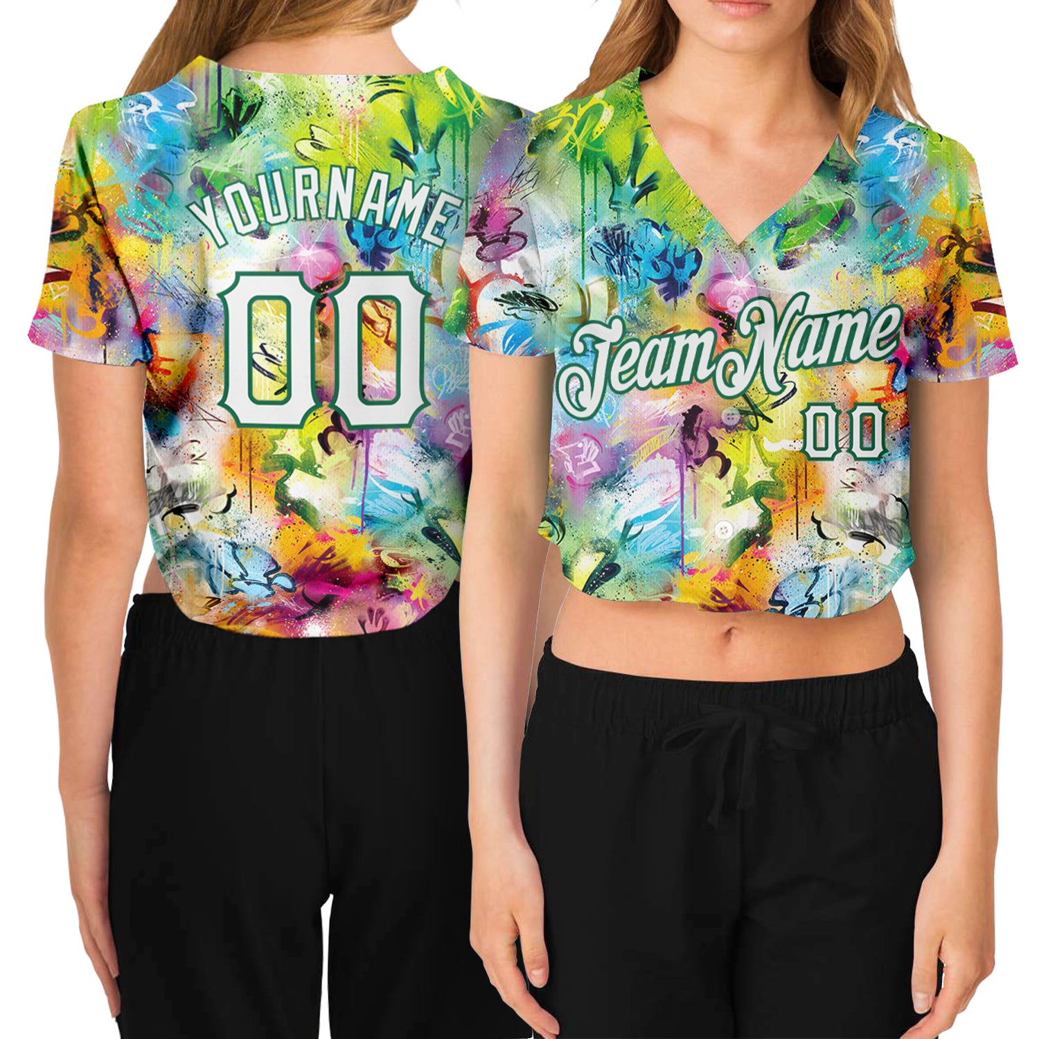 Womens Graffiti Pattern 3D V-Neck Cropped Baseball Jersey White-Kelly Green Custom Custom Women's Graffiti Pattern White-Kelly