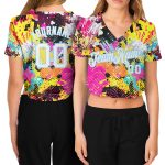 Custom Psychedelic Graffiti V-Neck Cropped Baseball Jersey for Women - White-Light Blue 3D Design Custom Women's Graffiti