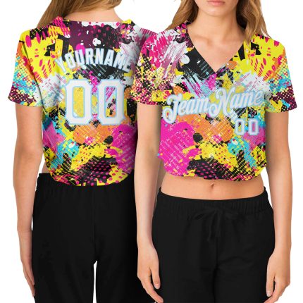 Custom Psychedelic Graffiti V-Neck Cropped Baseball Jersey for Women - White-Light Blue 3D Design Custom Women's Graffiti