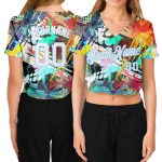 Custom Womens Abstract Graffiti 3D V-Neck Cropped Baseball Jersey - White-Light Blue Color Design Custom Women's Graffiti