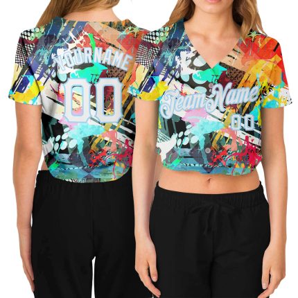 Custom Womens Abstract Graffiti 3D V-Neck Cropped Baseball Jersey - White-Light Blue Color Design Custom Women's Graffiti