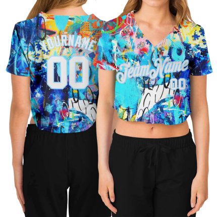 Custom Womens Multi-Colored Graffiti Pattern 3D V-Neck Cropped Baseball Jersey in White-Light Blue Custom Women's Graffiti