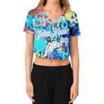Custom Womens Multi-Colored Graffiti Pattern 3D V-Neck Cropped Baseball Jersey in White-Light Blue Custom Women's Graffiti