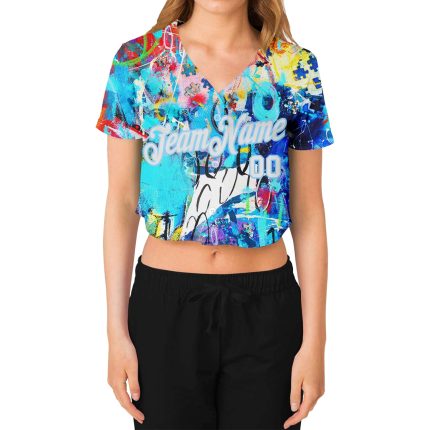 Custom Womens Multi-Colored Graffiti Pattern 3D V-Neck Cropped Baseball Jersey in White-Light Blue Custom Women's Graffiti