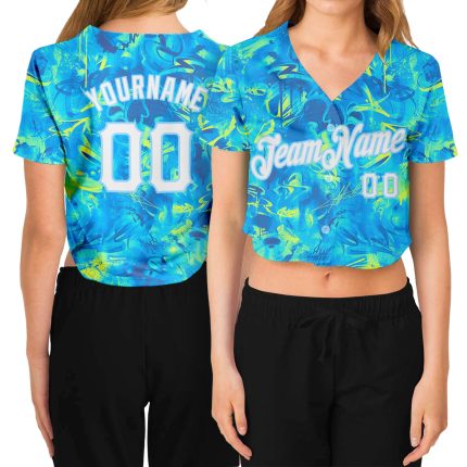 Custom Graffiti Pattern Womens White Light Blue 3D V-Neck Cropped Baseball Jersey Custom Women's Graffiti Pattern White-Light
