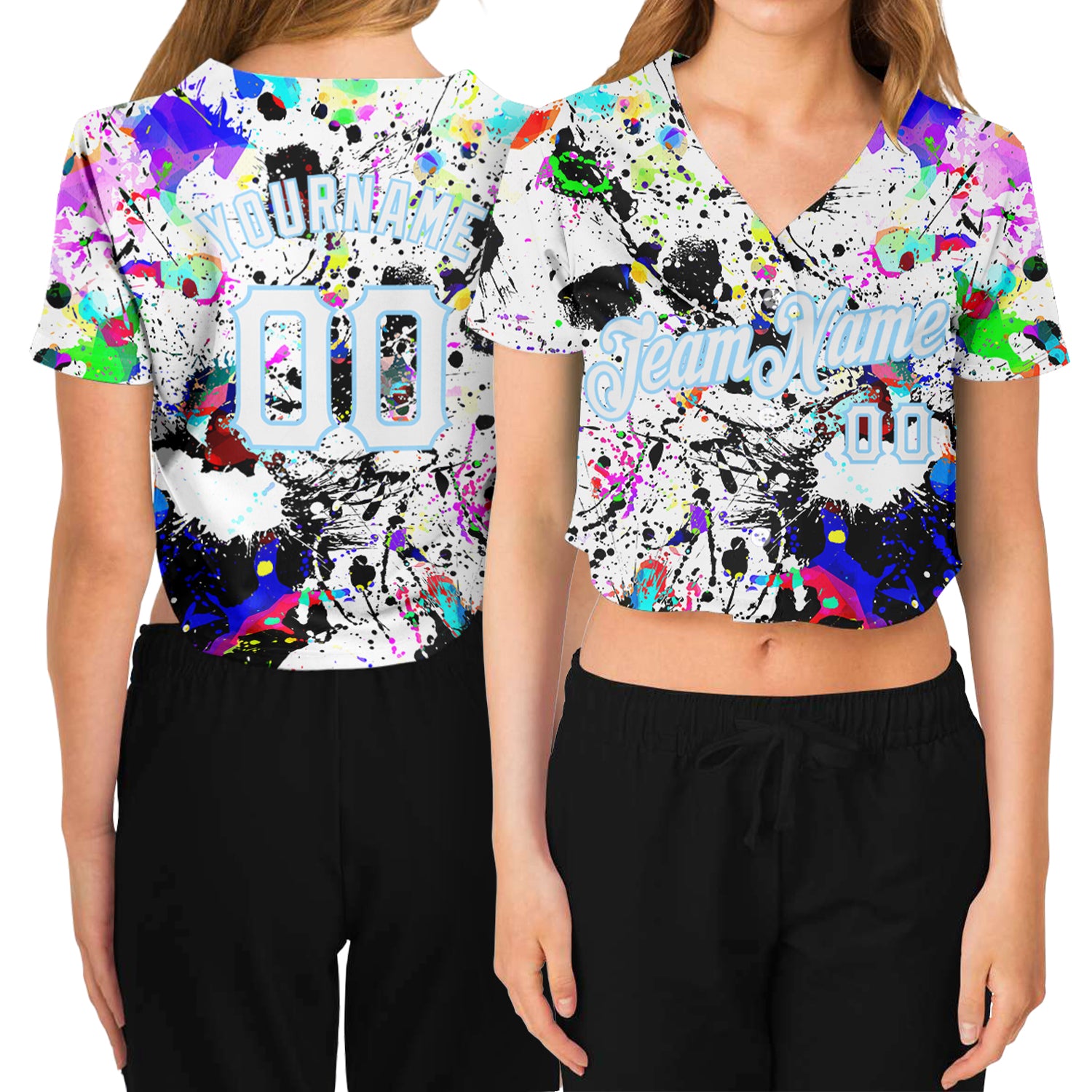 Custom Women's Graffiti Pattern White-Light Blue Splashes 3D V-Neck Cropped Baseball Jersey Style 6174 Custom Womens 3D V-Neck Baseball Jersey with Graffiti Pattern & Light Blue Splashes, Style 6174 Custom Women's Graffiti Pattern