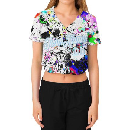 Custom Womens 3D V-Neck Baseball Jersey with Graffiti Pattern & Light Blue Splashes, Style 6174 Custom Women's Graffiti Pattern