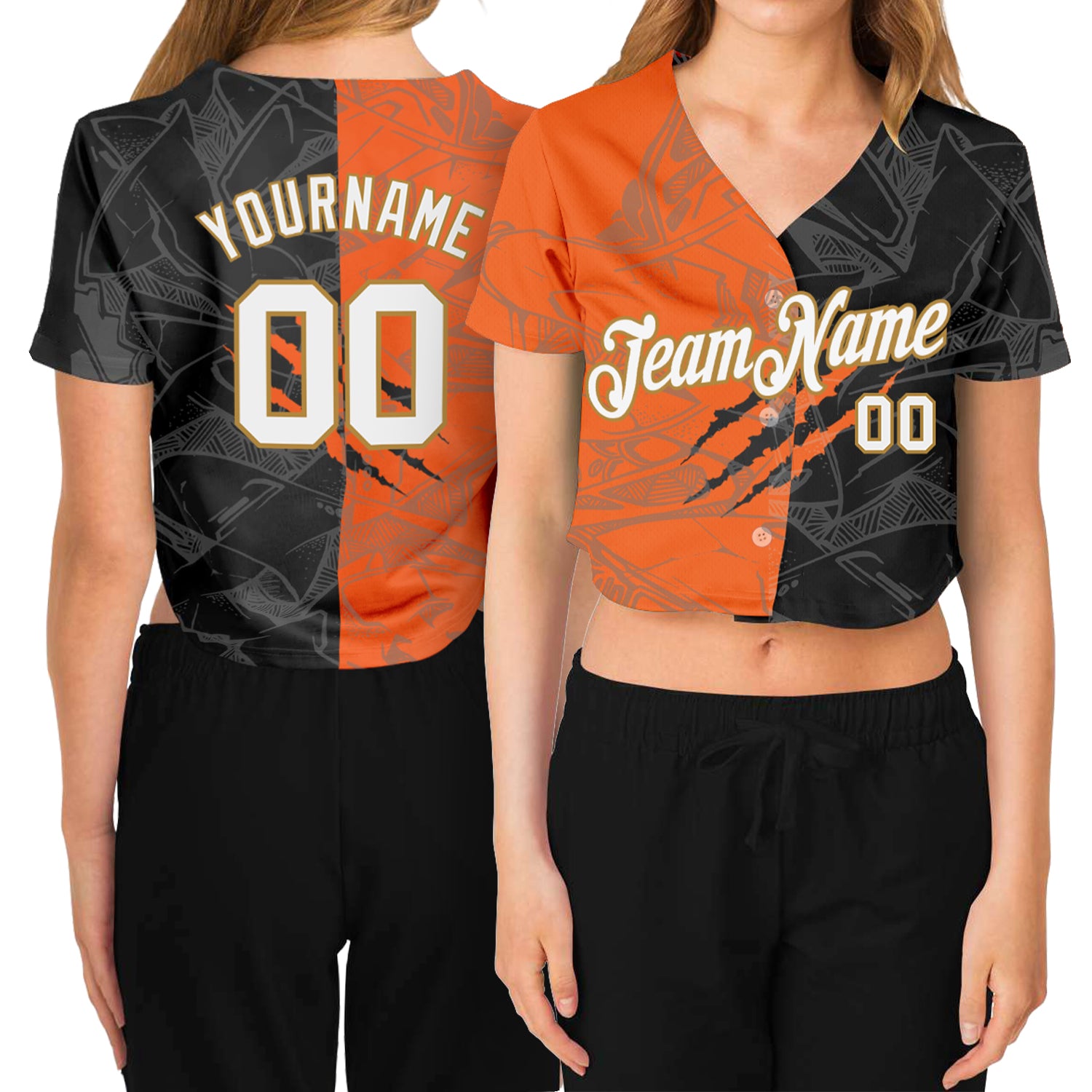 Custom Womens Graffiti Pattern Baseball Jersey 3D V-Neck Cropped White-Old Gold Custom Women's Graffiti Pattern White-Old