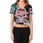Custom Graffiti Skull White Red Fashion 3D V-Neck Cropped Baseball Jersey for Women Custom Women's Graffiti Pattern White-Red