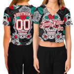 Custom Graffiti Skull White Red Fashion 3D V-Neck Cropped Baseball Jersey for Women Custom Women's Graffiti Pattern White-Red
