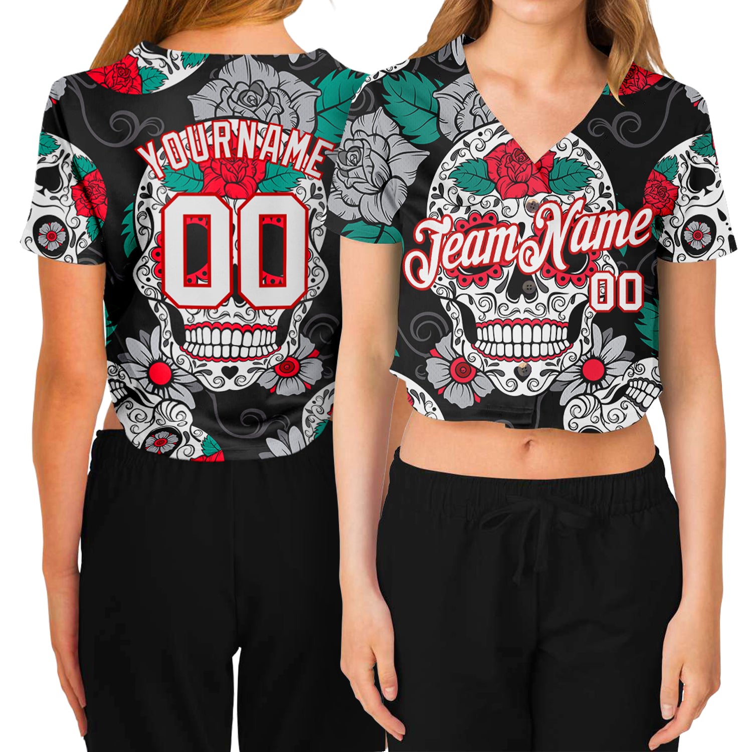 Custom Graffiti Skull White Red Fashion 3D V-Neck Cropped Baseball Jersey for Women Custom Women's Graffiti Pattern White-Red