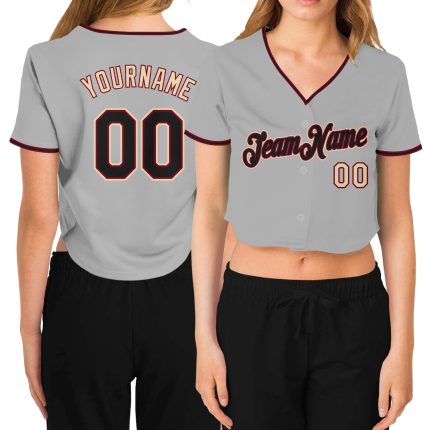 Custom Womens V-Neck Baseball Jersey in Gray Black Crimson-Cream, Cropped Style Custom Women's Gray Black Crimson-Cream V-Neck