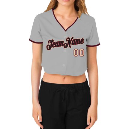 Custom Womens V-Neck Baseball Jersey in Gray Black Crimson-Cream, Cropped Style Custom Women's Gray Black Crimson-Cream V-Neck