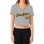Custom Womens Gray Black Gold V-Neck Cropped Jersey for Sports and Casual Wear Custom Women's Gray Black-Gold V-Neck Cropped