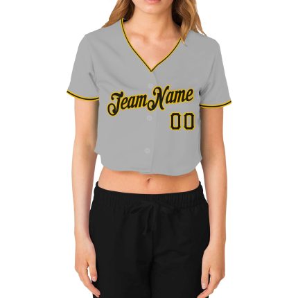 Custom Womens Gray Black Gold V-Neck Cropped Jersey for Sports and Casual Wear Custom Women's Gray Black-Gold V-Neck Cropped
