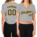 Custom Womens Gray Black Gold V-Neck Cropped Jersey for Sports and Casual Wear Custom Women's Gray Black-Gold V-Neck Cropped