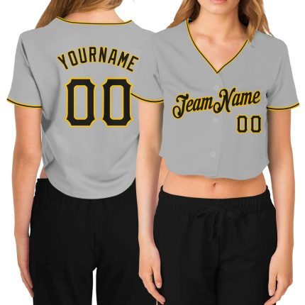 Custom Womens Gray Black Gold V-Neck Cropped Jersey for Sports and Casual Wear Custom Women's Gray Black-Gold V-Neck Cropped