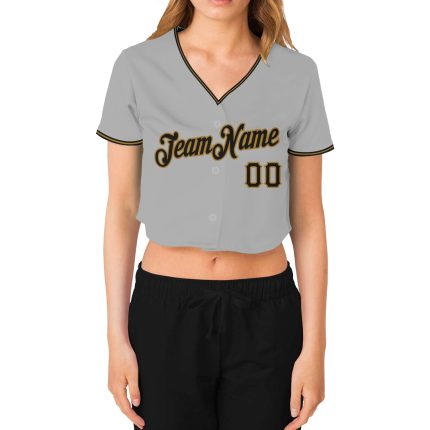 Custom Womens Gray Black Old Gold V-Neck Baseball Jersey - Cropped Design for Comfort and Style Custom Women's Gray Black-Old